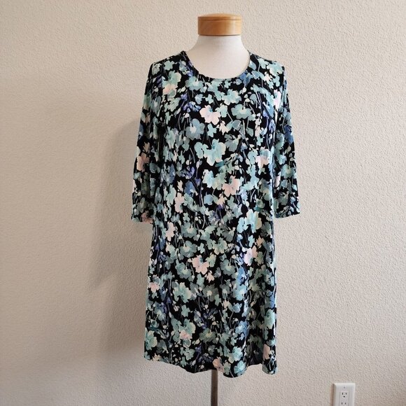 J.Jill Wearever Collection Dark Floral Black Blue 3/4 Sleeve Stretchy Tunic PS - Picture 2 of 12